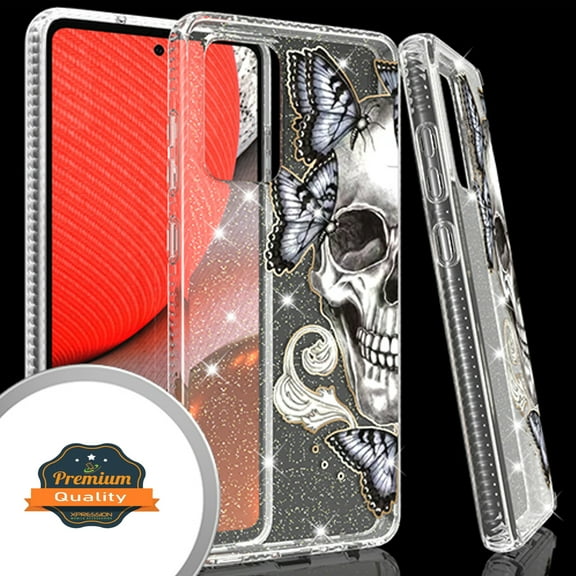Xpression Case for Samsung Galaxy A52 5G Clear Fashion IMD Pattern Design Hard Back PC Hybrid Bumper Armor TPU Soft Rubber Ultra Slim Phone Cover [Skull]