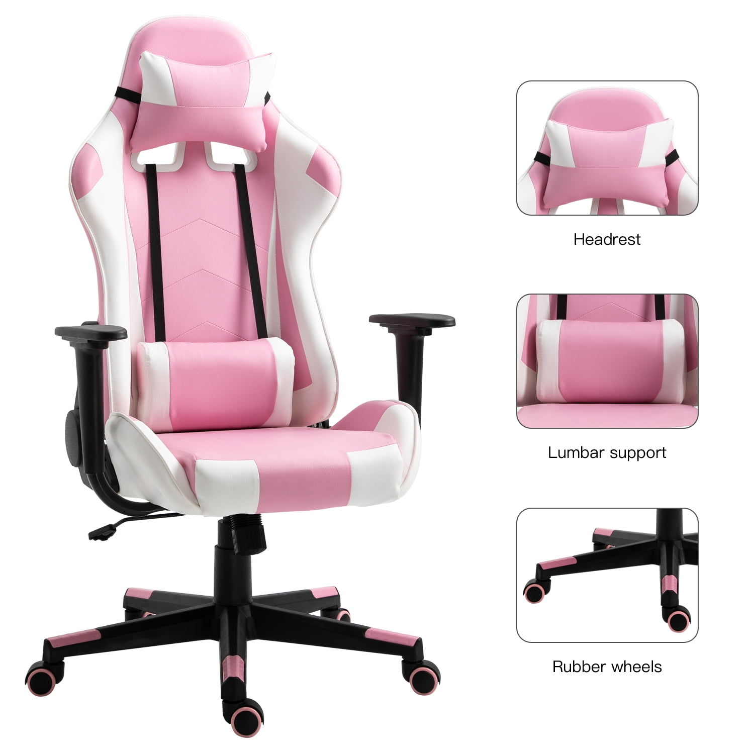 Gaming Chair Office Desk Chair Ergonomic Reclining Computer Chair Height Adjustable Swivel Recliner with Headrest Lumbar Support, Pink White