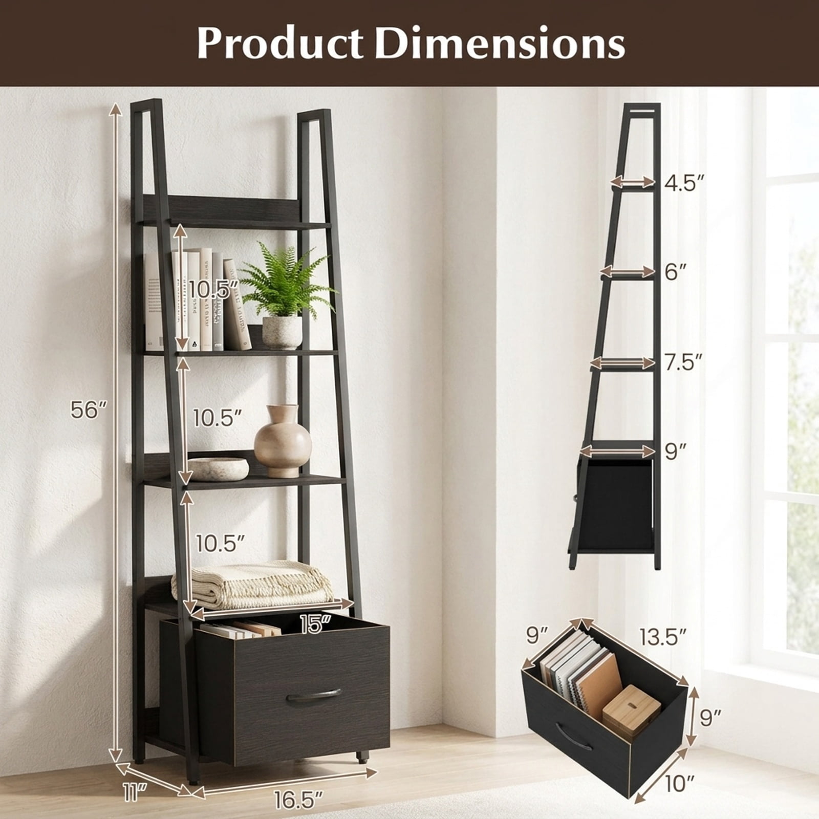 Furnibear 5-Tier Ladder Bookshelf with Fabric Drawer for Living Room and Home Office for Living Room Home Office Bedroom Display Storage Shelf, Black