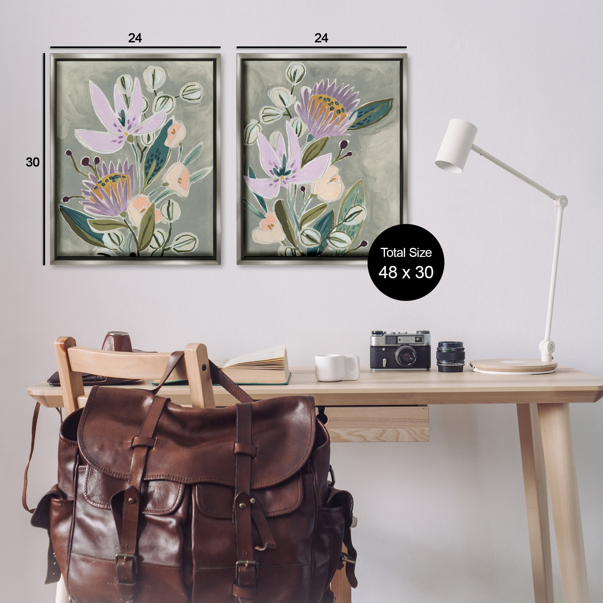 Stupell Industries Abstract Purple Floral Arrangement Botanical & Floral Painting Gray Floater Framed Canvas Art Print Wall Art, 25 x 31, Set of 2