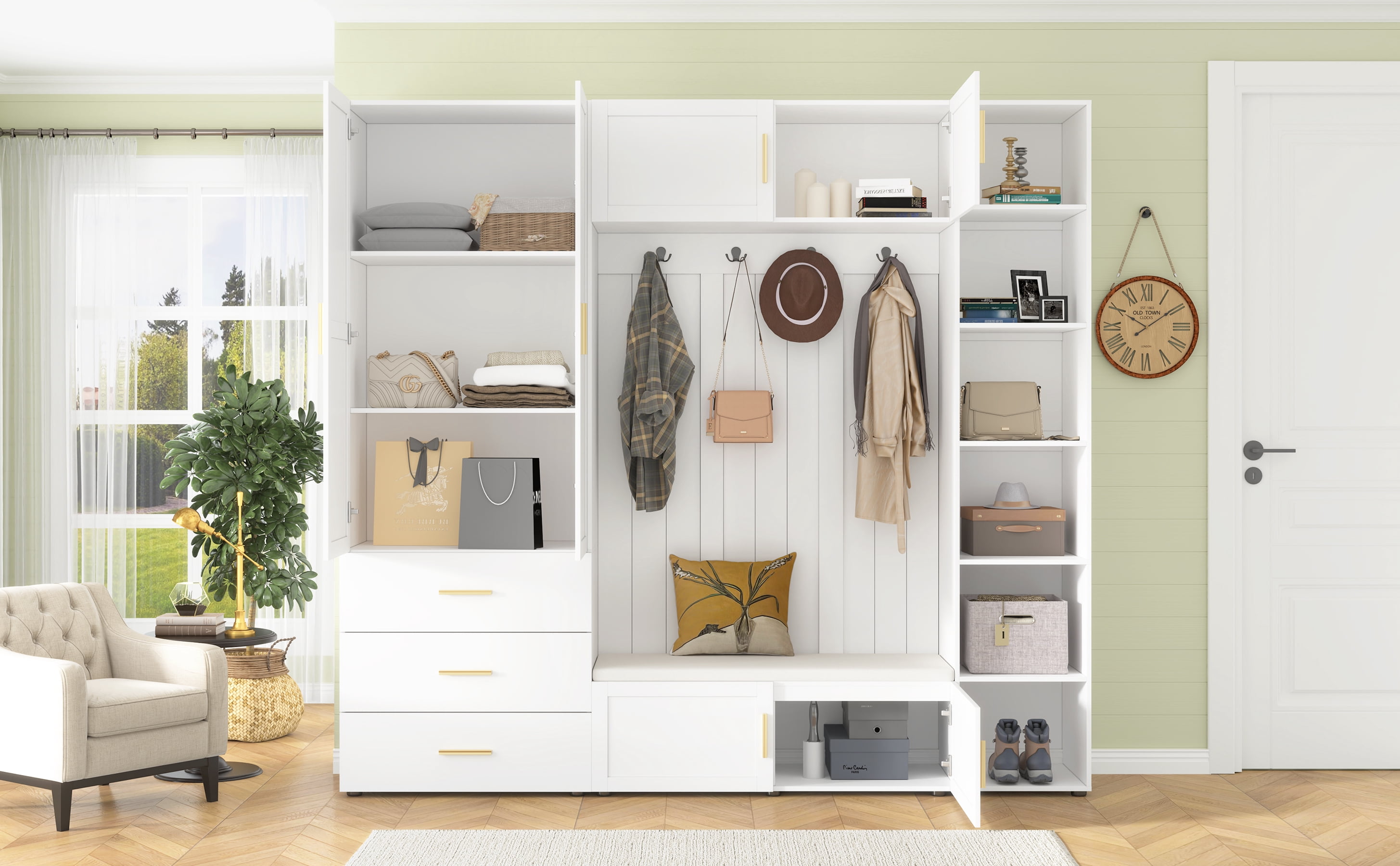 Mintazer 4‑in‑1 Hall Tree with Cushioned Shoe Bench & Hooks, Entryway Storage Organizer with Cabinets & Drawers, Adjustable Shelves for Mudroom Hallway, White