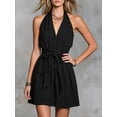 thumbnail image 3 of Women's Sleeveless Backless Mini Halter Deep Neck Tie Dress for Daily Wear Black S, 3 of 5