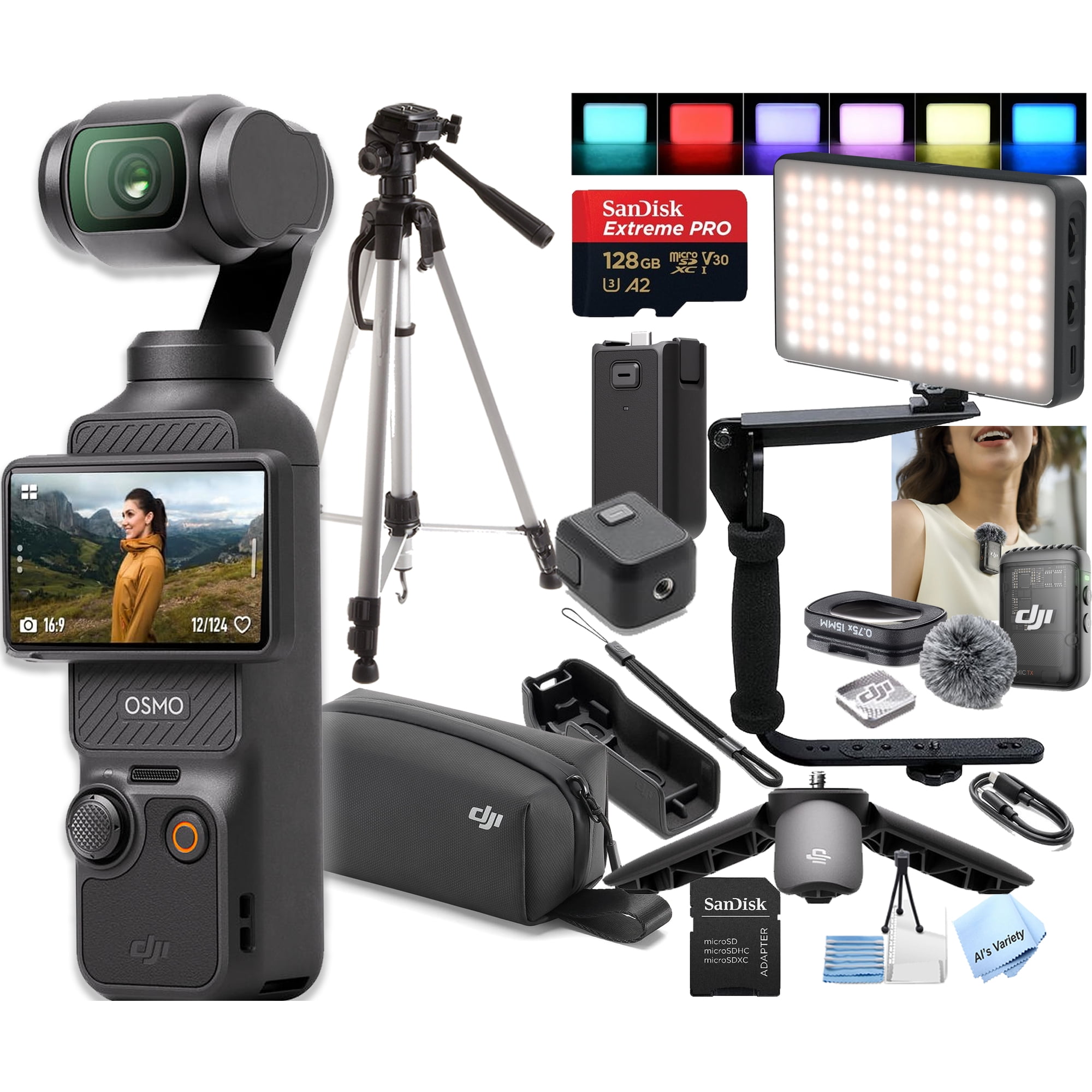 DJI Osmo Pocket 3 Creator Combo, Vlogging Cameras, 4K/120fps Vlog Camera, 3-Axis Stabilization, Face/Object Tracking, Mic Included + 128GB Memory, Video Light , Bracket + More (28pc Bundle)