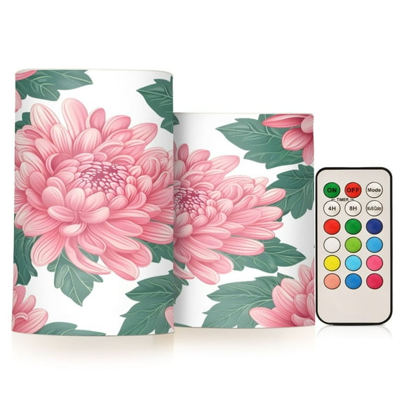 ALAZA Pink Chrysanthemum Flower 2 PCs LED Flickering Flameless Candles with Remote Timer Battery Operated Candle