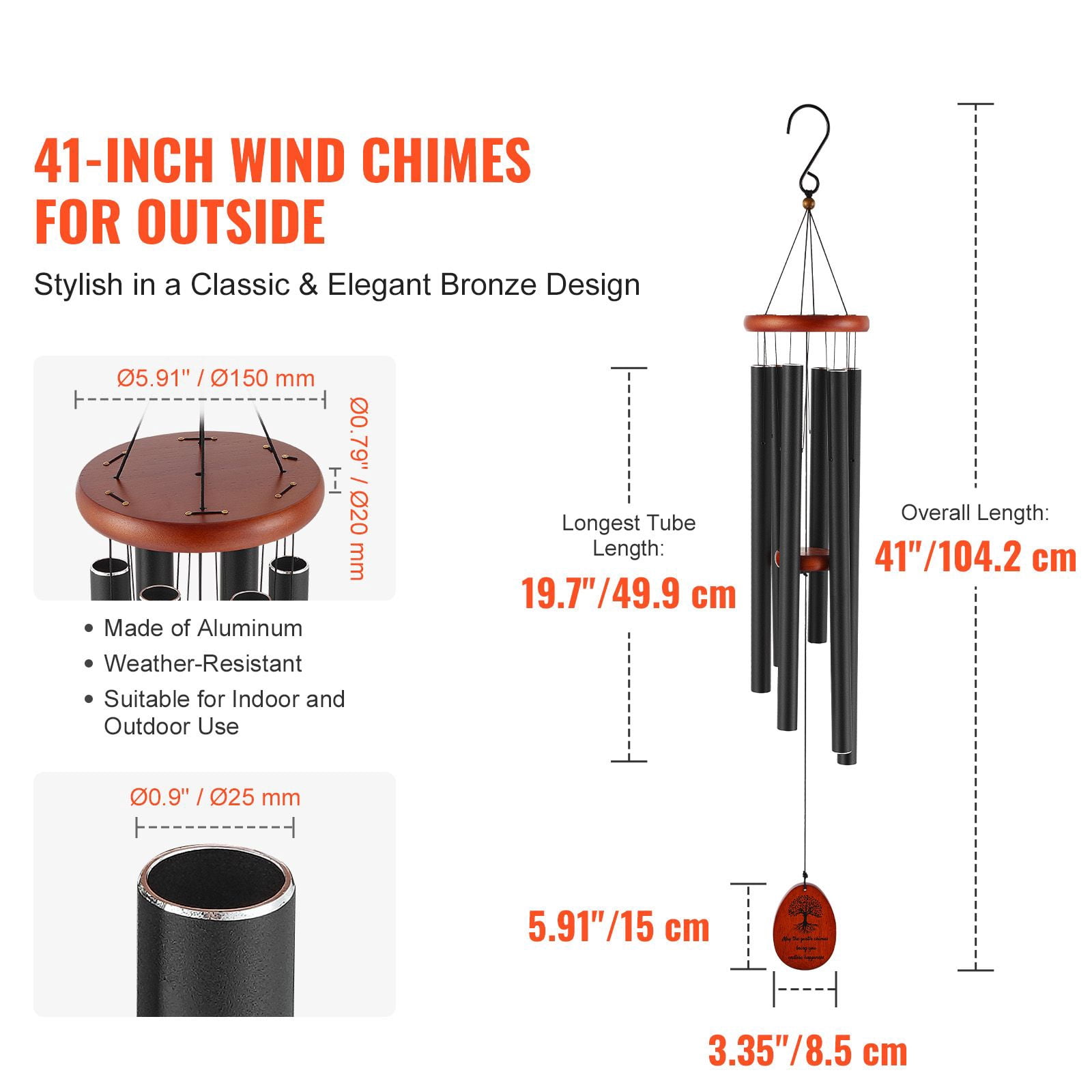 41 Inch Bronze Wind Chimes Deep Tone D Major 6 Aluminum Tubes Hand-Tuned Nylon Cord S Hook for Garden Patio Porch Decor Gift