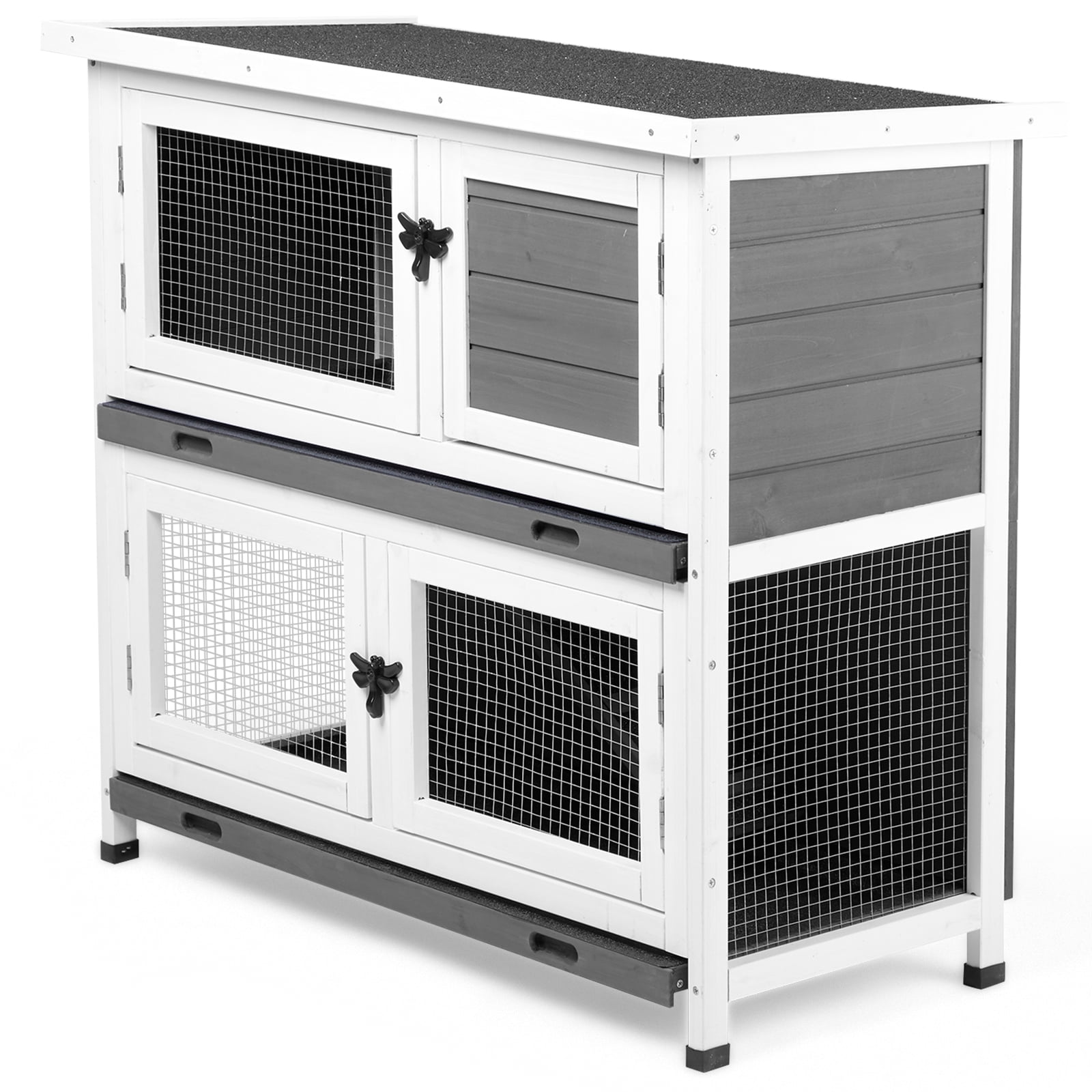 2 Story Solid Wood Rabbit Hutch Bunny Cage with 2 Large Main Rooms, Indoor Outdoor Rabbit House Guinea Pig Cage Pet House for Small Animals with 2 Removable Trays, Grey