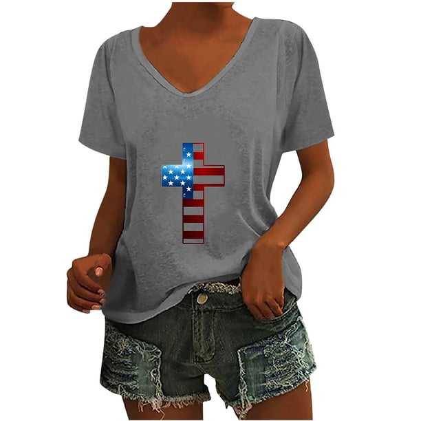 Camisetas Casuales de las Mujeres Gradiente Día de la Independencia Impreso Cuello Redondo, Blusa de Manga Corta para Diario, Fiesta Y Primavera Verano