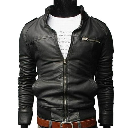 Men PU Leather Motorcycle Jackets Fashionable Autumn Winter Outwear Coat Top black (Best Leather Jacket Companies)