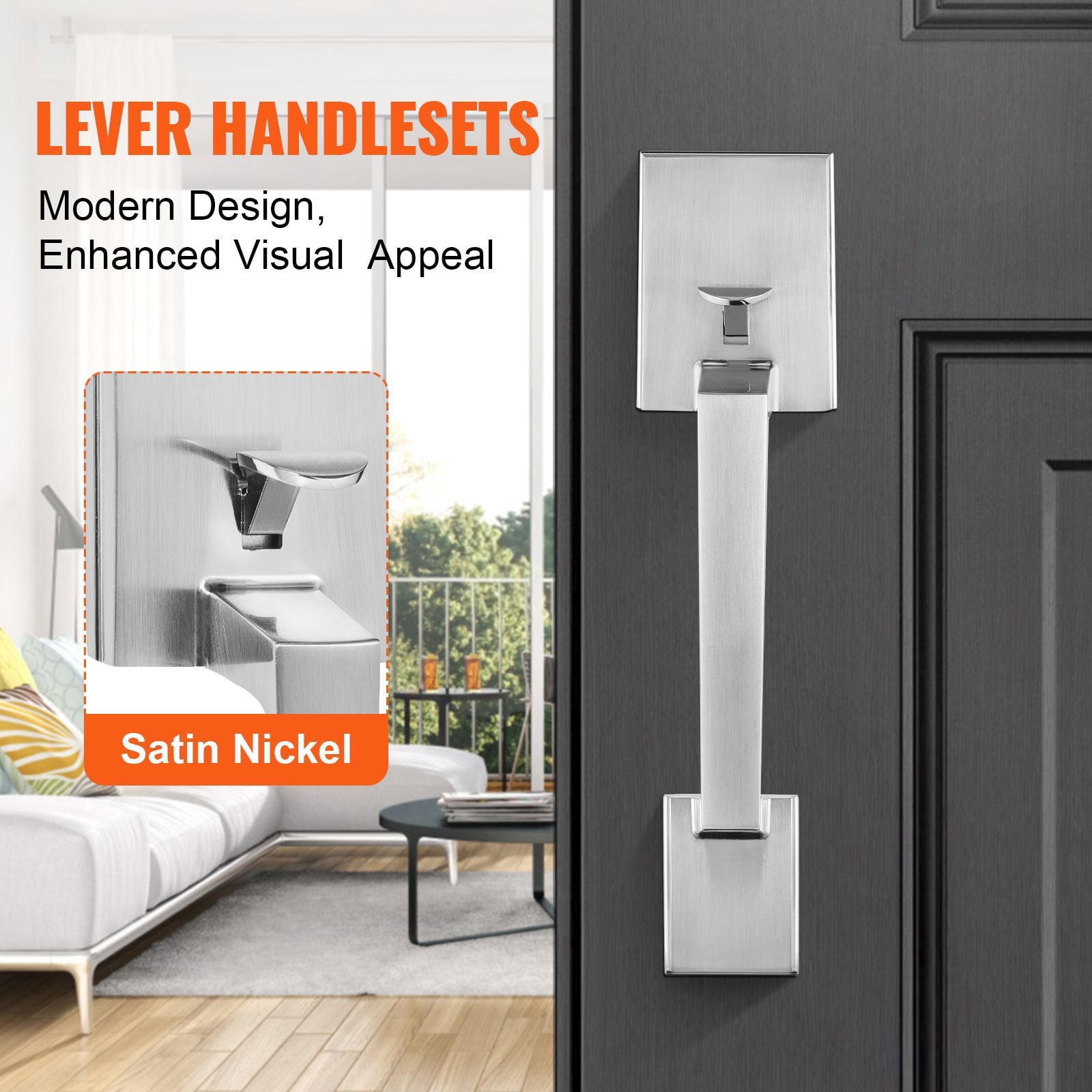 Entry Door Handle, Adjustable Hole Spacing with Zinc Alloy Die-Casting, Reversible for Left/Right Doors, Fits 1-3/8 to 1-3/4 Inch Doors for Front Office Use