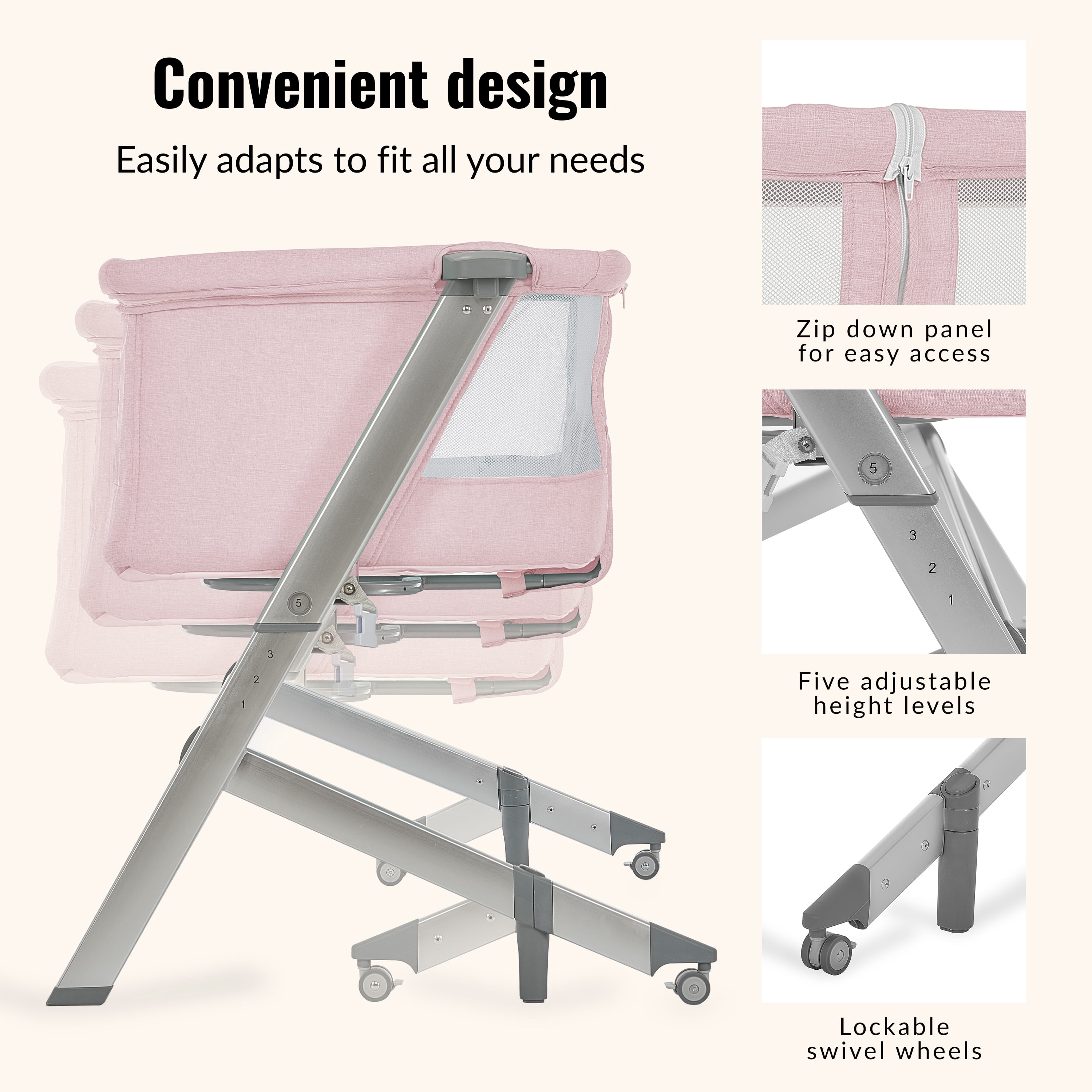 Dream On Me Skylar Bassinet and Bedside Sleeper in Pink, Lightweight and Portable Baby Bassinet