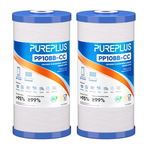 PUREPLUS 5 Micron 10 x 4.5 Whole House Sediment and Carbon Water Filter Cartridge Compatible with GE FXHTC GXWH40L GXWH35F GNWH38S Culligan RFC-BBSA WRC25HD PP10BB-CC Pentek RFC-BB 2Pack