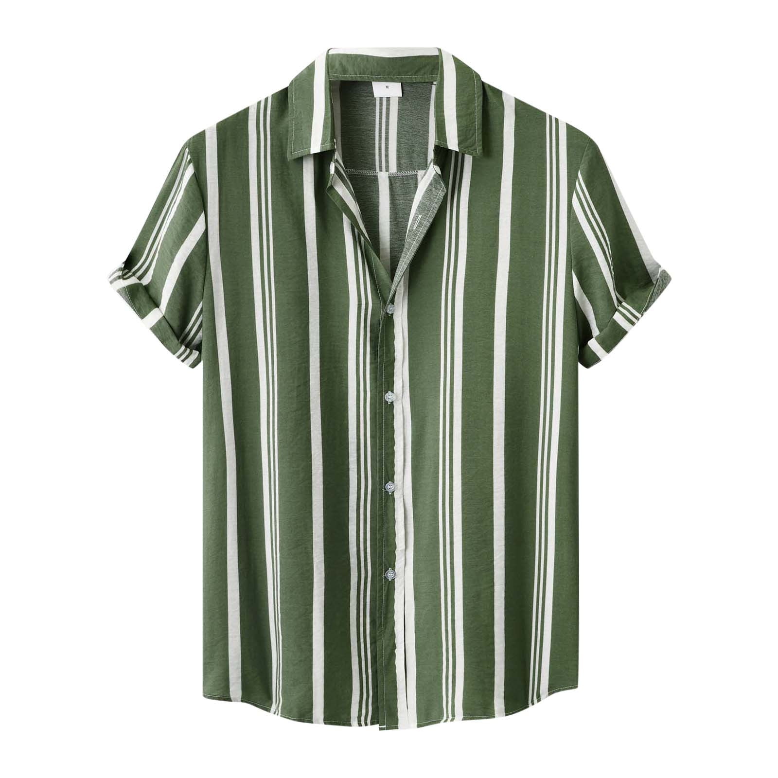CLZOUD Mens Shirts Casual Stylish Army Green Rayon Male Summer Hawaii Striped Cuban Collar Shirt