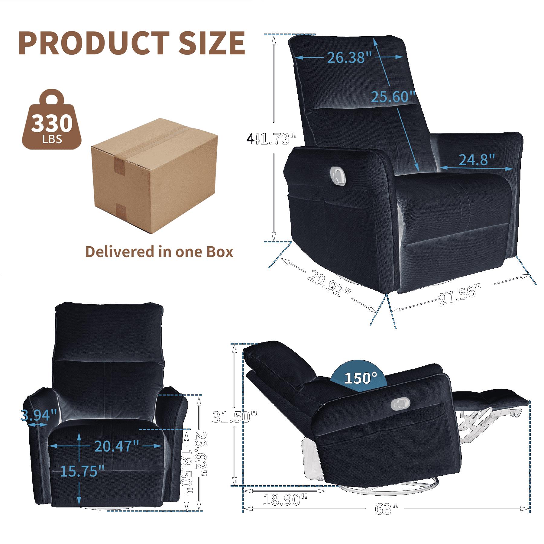 Rocker Recliner Chair with 360° Swivel, Small Modern Glider Recliner with Side Pocket, Swivel Rocking Chair for Nursery, Bedroom, Living Room or Home Theater, Black
