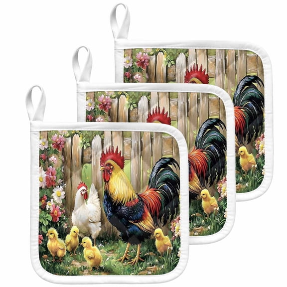 Retro Rooster Pot Holders for Kitchen Heatproof Potholder, 3 Pack Farmhouse Animals Watercolor Floral Hot Pads Multipurpose Oven Pads Cloth Potholders Trivet for Cooking Baking