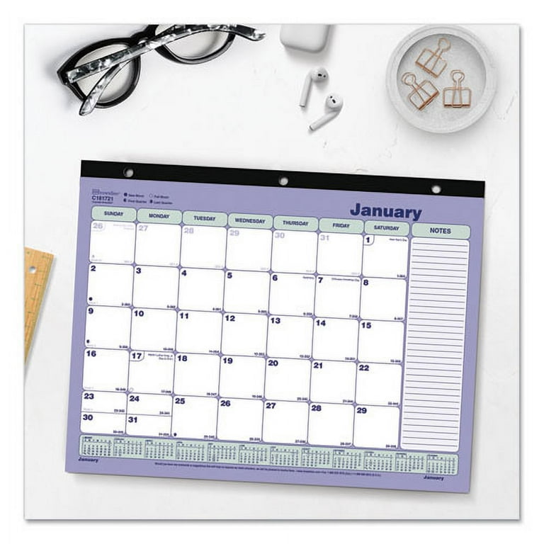 Monthly Desk Pad Calendar, 11 x 8.5, White/Blue/Green Sheets, Black Binding, 12-Month (Jan to Dec): 2024