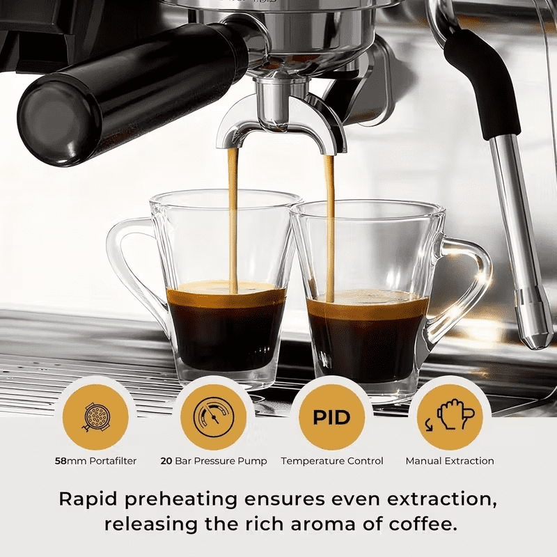 Auseo Espresso Machine with Grinder, Dual Boiler 20 Bar Espresso Machines with Milk Frother Steam Wand, Espresso/Cappuccino/Latte/Mocha, Commercial Espresso Coffee Machines, Stainless Steel
