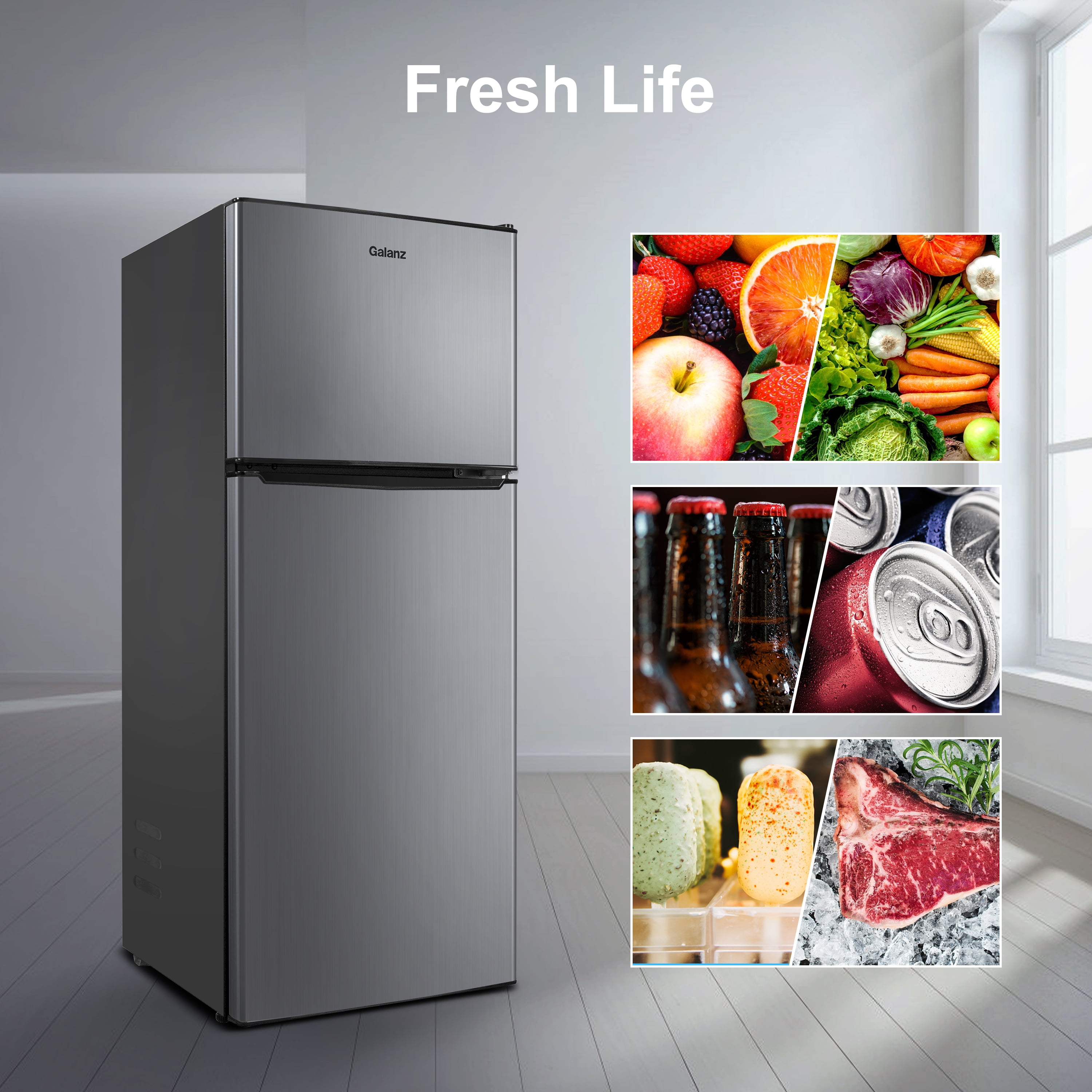 Galanz 4.6. Cu ft Two Door Mini Refrigerator with Freezer, Stainless ...