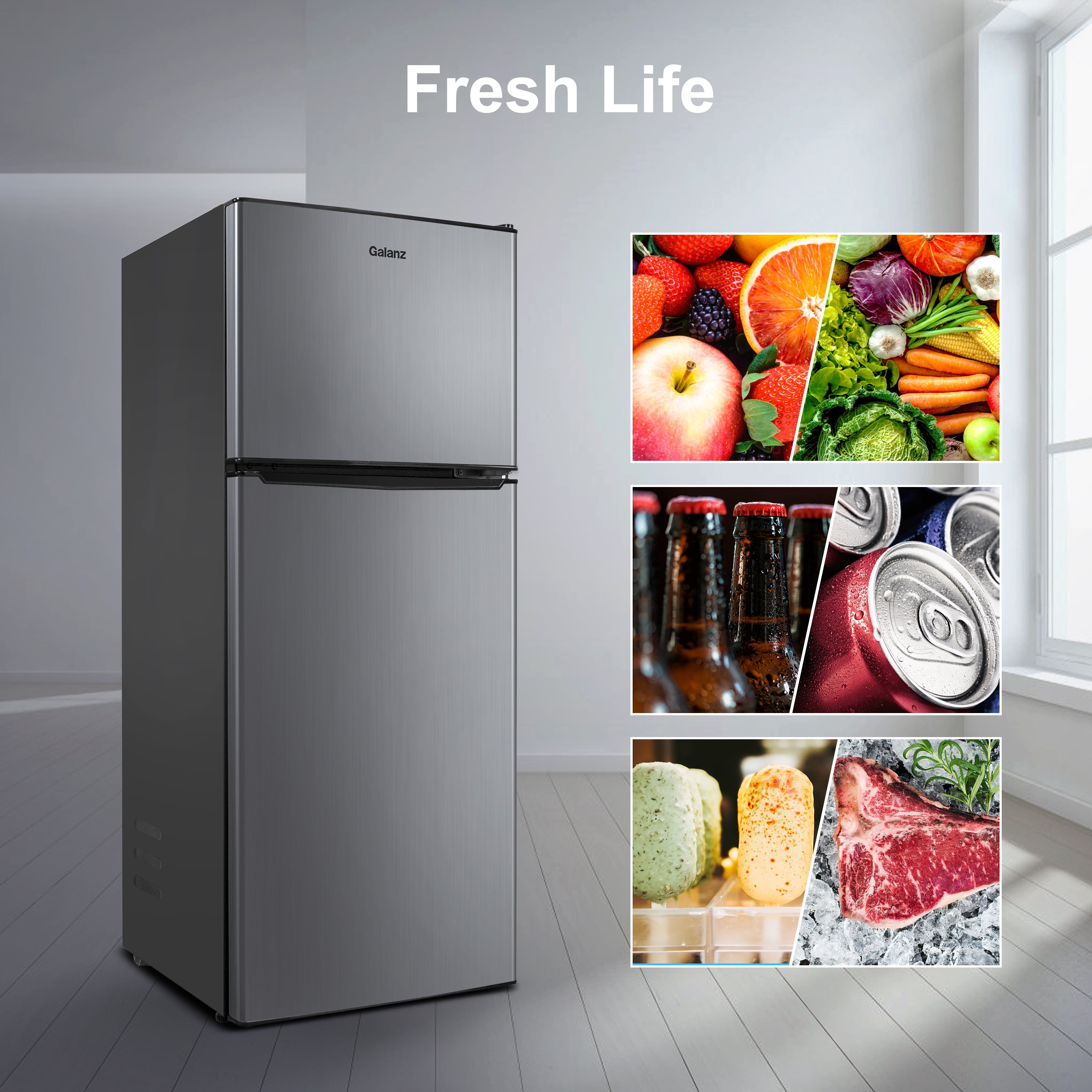 Galanz 4.6. Cu ft Stainless Steel Look, 2-door Estar Compact Fridge with Freezer, Silver