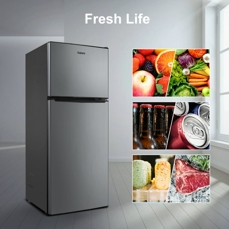 Galanz 4.6. Cu ft Two Door Mini Refrigerator with Freezer, Stainless Steel,  New, Width 19.13 