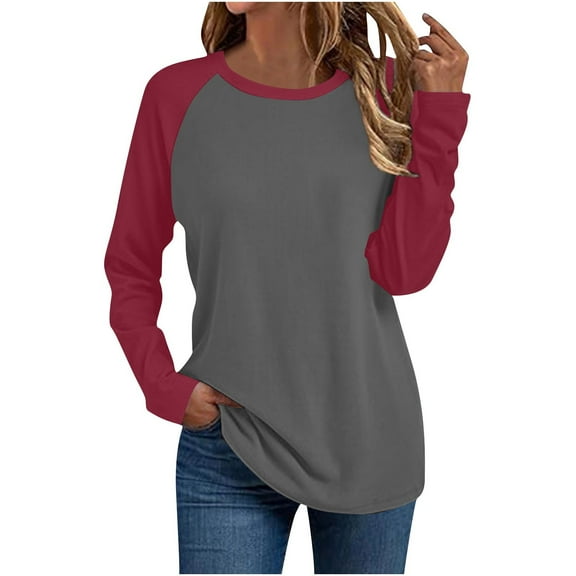 Uootdi Oversized Womens Raglan Long Sleeve Shirts Casual Crewneck Color Block Classic Tee Top Comfy Gift Steetwear