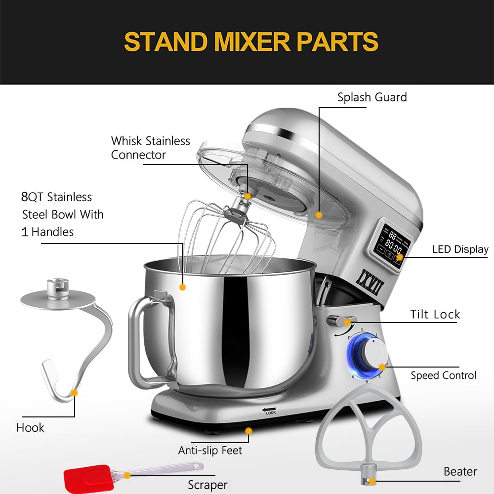 New Upgrade Food Mixer, 5.8 QT Electric Kitchen Mixer, 660W 6-Speed Mixers  Kitchen Electric Stand Mixer with Dishwasher-Safe Stainless Steel Bowl,  Blender Dough Hook, Whisk for Daily Use 
