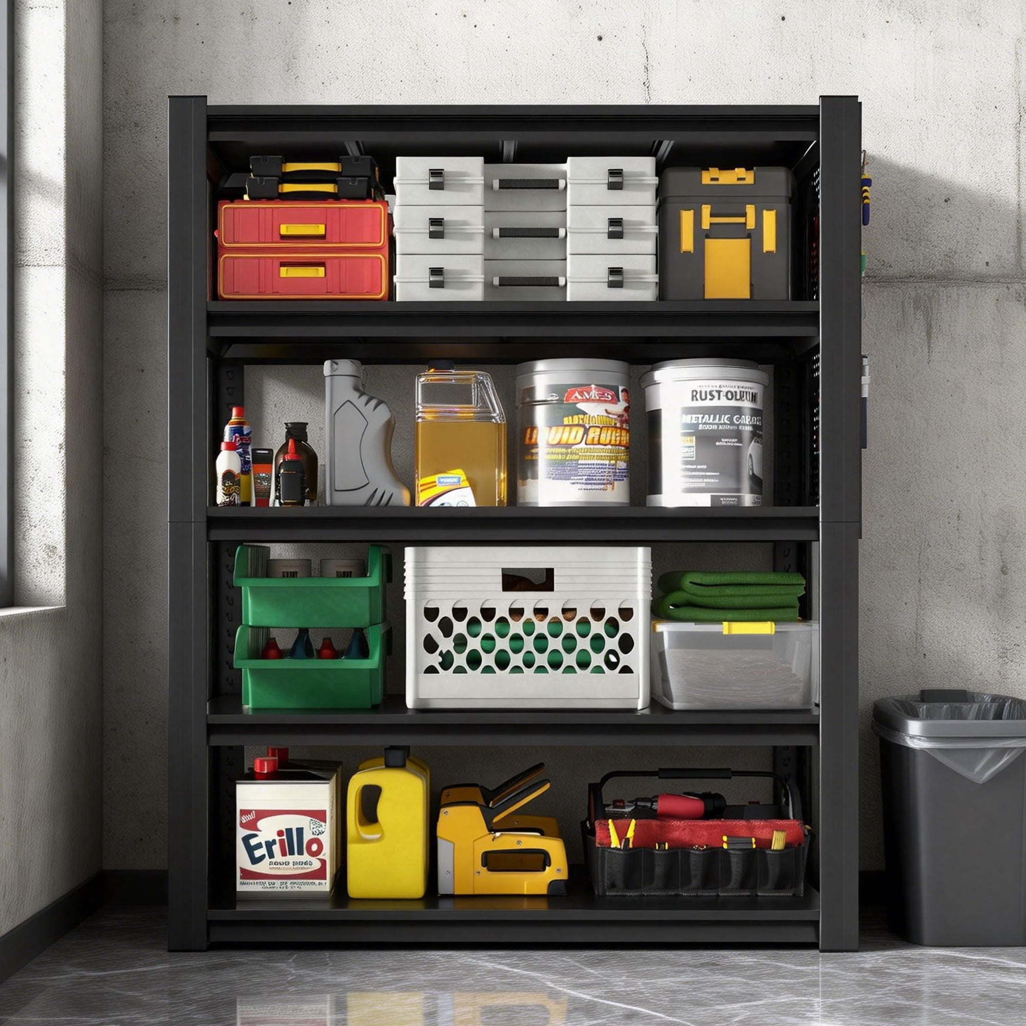 Alvantor 5 Tier Storage Shelves, Metal Storage Shelving with Pegboard & Adjustable Shelf for Garage Basement, 47.2"W*23.6"D*72"H Black