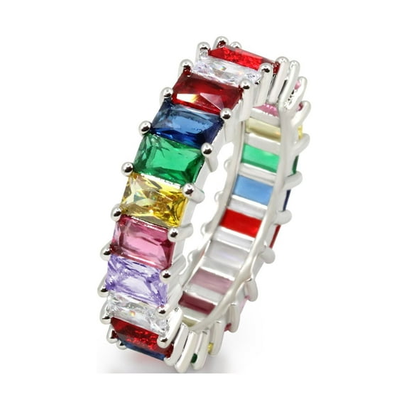 Savlano 18K White Gold Plated Cubic Zirconia Emerald Cut Multicolor Rainbow Eternity Ring Band