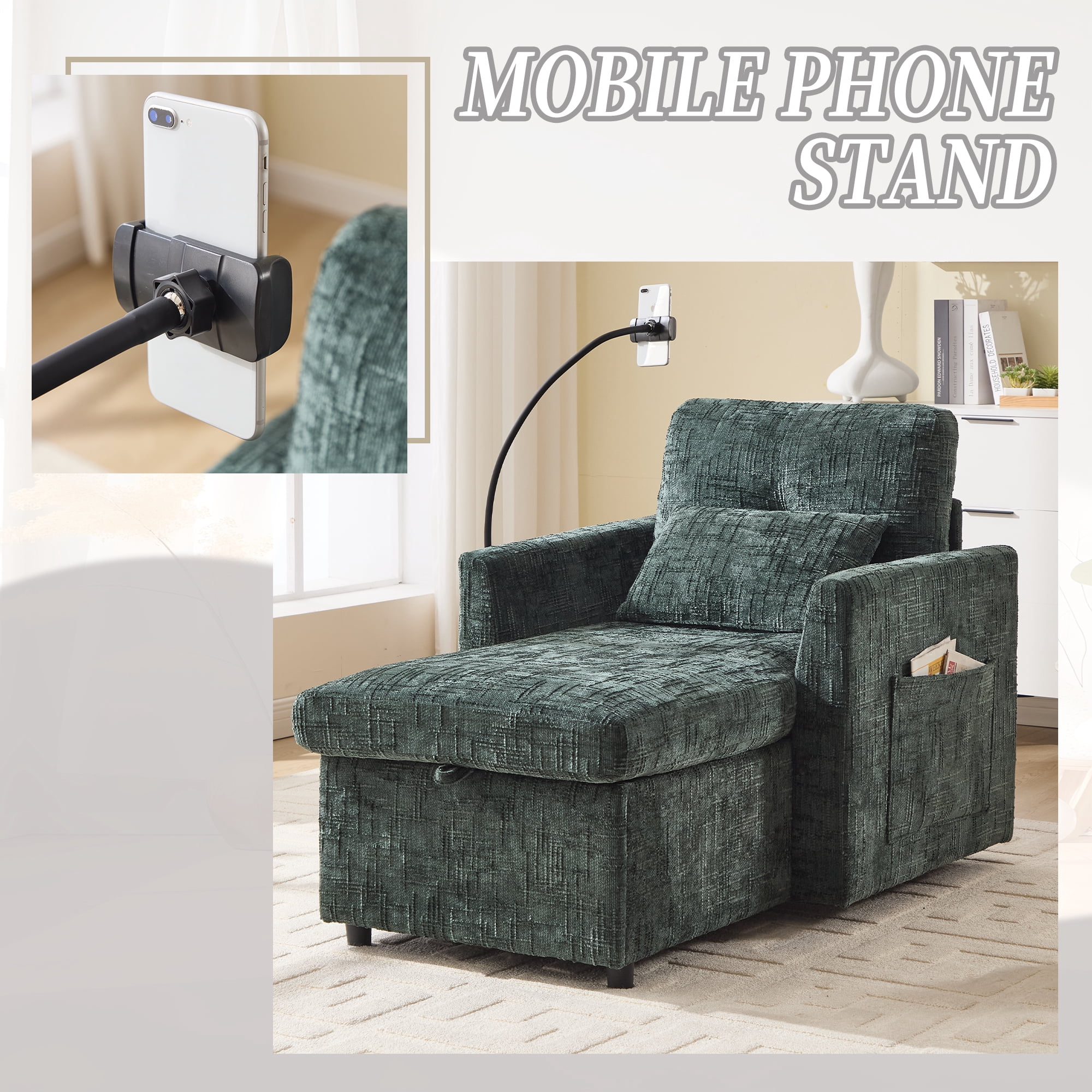 EPOWP Multifunctional lazy person sofa recliner can be stored storage backrest with cell phone bracket chenille single leisure chair for living room bedroom small household
