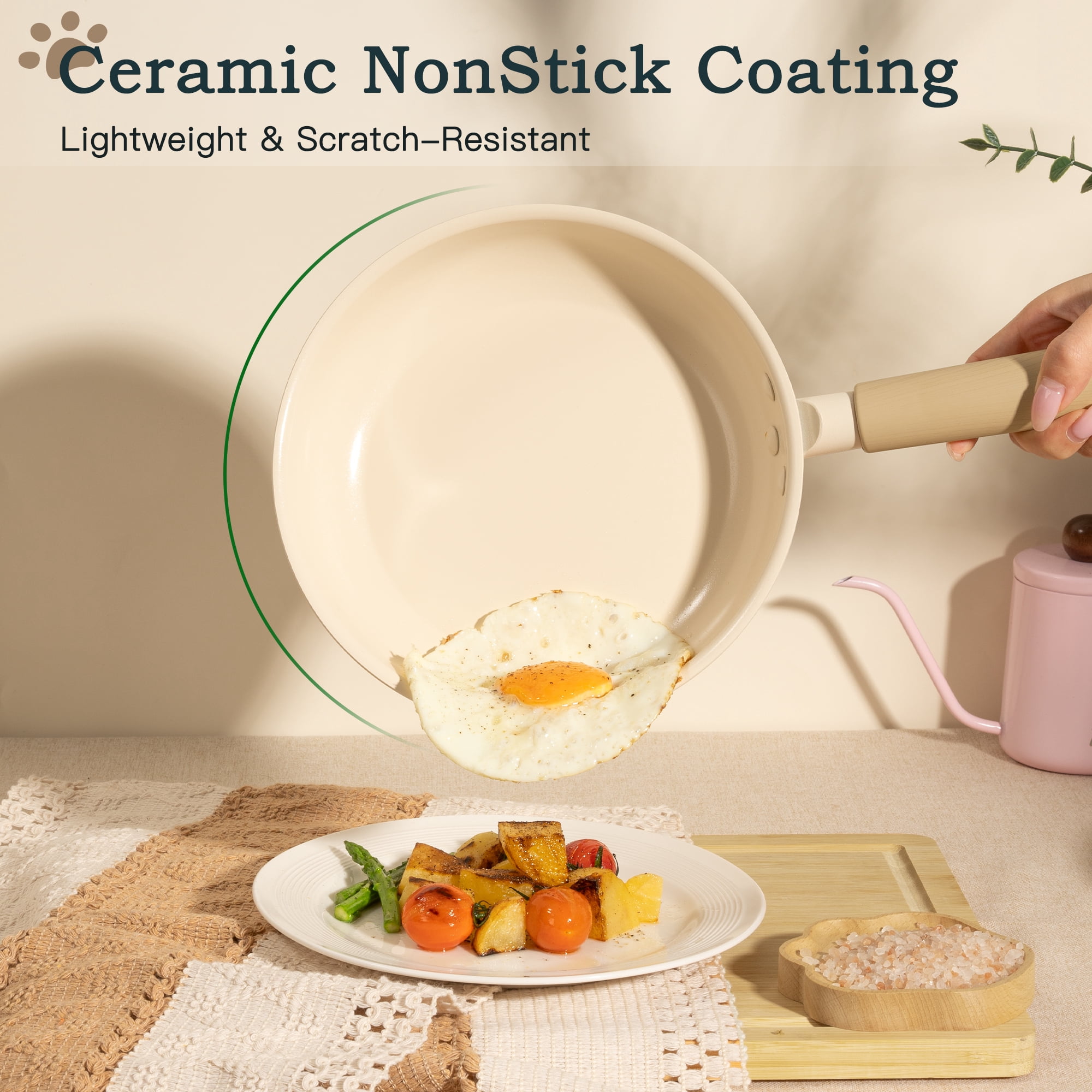 Astercook 17-Piece Ceramic Cookware Set with Dog Paw Wooden Handles, Nonstick Pots and Pans Set for Home & Camping, Induction Compatible and Dishwasher Safe, Perfect Gift for Pet Lovers & Families