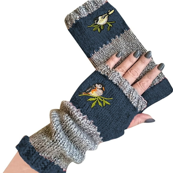 Dyfzdhu Warm Knit Women Gloves Gloves Outdoor Winter Plus Gloves Velvet Embroidere Gloves Blue