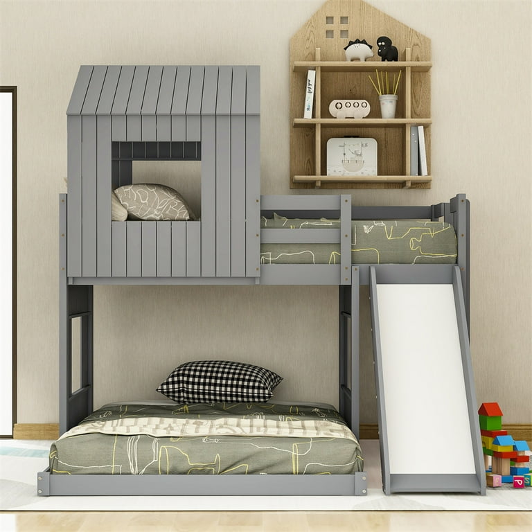 L-Shaped House Bunk Bed with Slide & Roof & 4 Windows, Solid