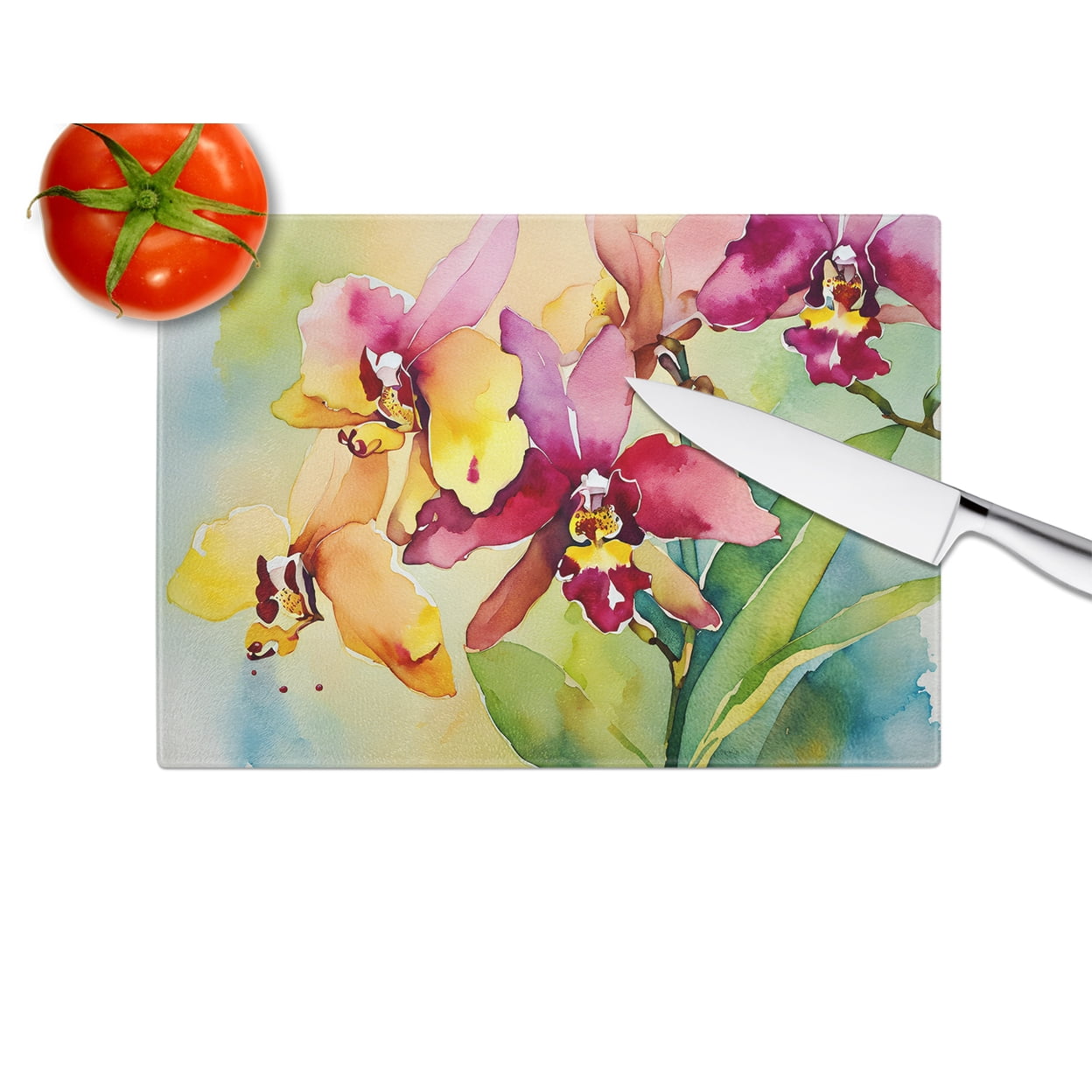 Orchids in Watercolor Glass Cutting Board Large 12 in x 15 in