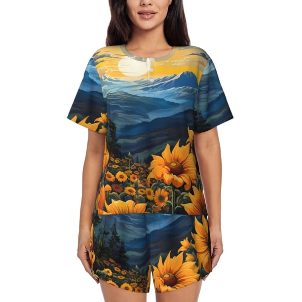 Balery Elegant Sunset Sunflower Conjunto de Pijama para Mujer con Estampado, Dos Piezas de Manga Corta y Shorts, Ropa de Dormir Suave con Cuello Redondo y Bolsillos-Large