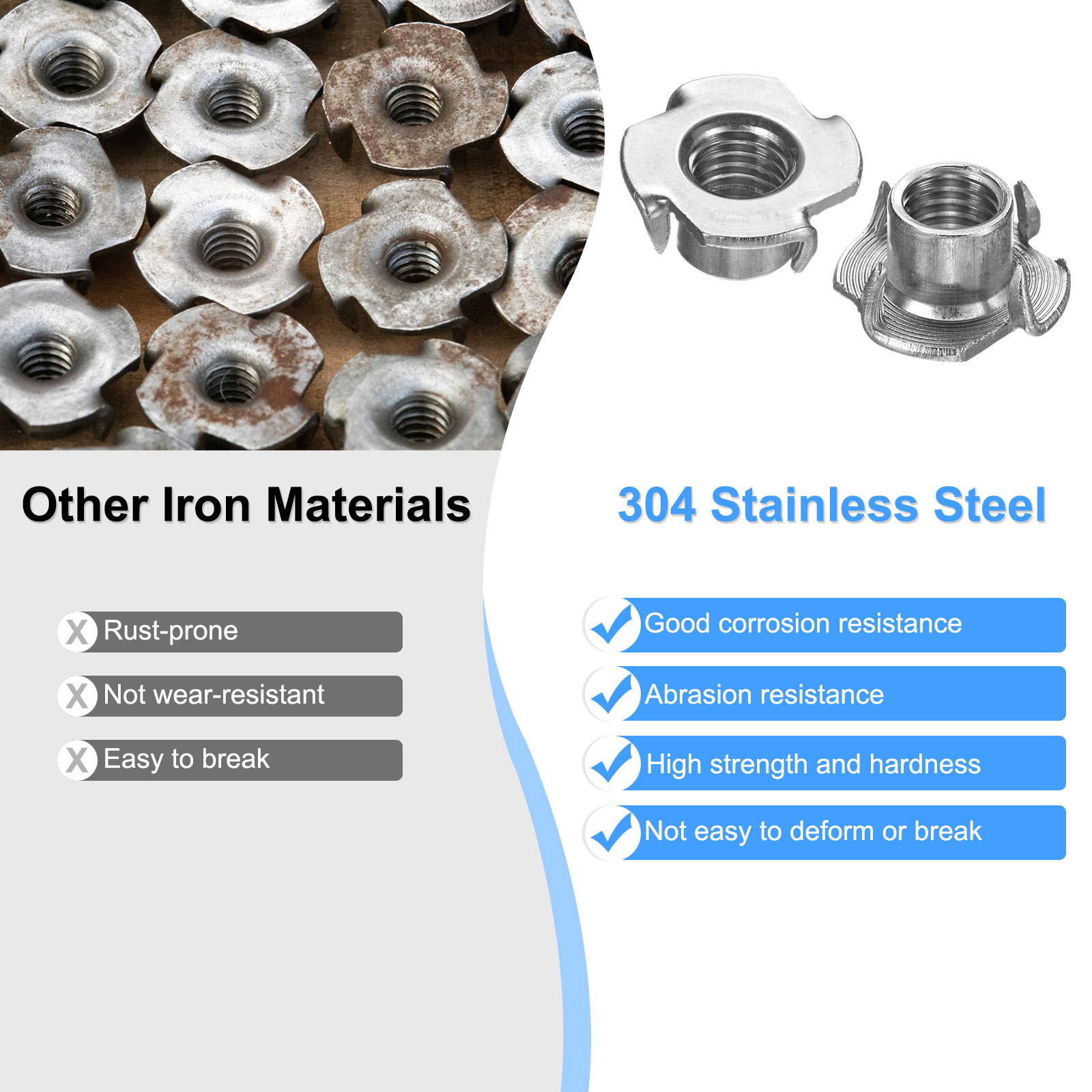Uxcell 20-Pack M12x13mm T-nut, Stainless Steel 4-Pronged Tee Nut Threaded Insert Corrosion Resistant Fasteners