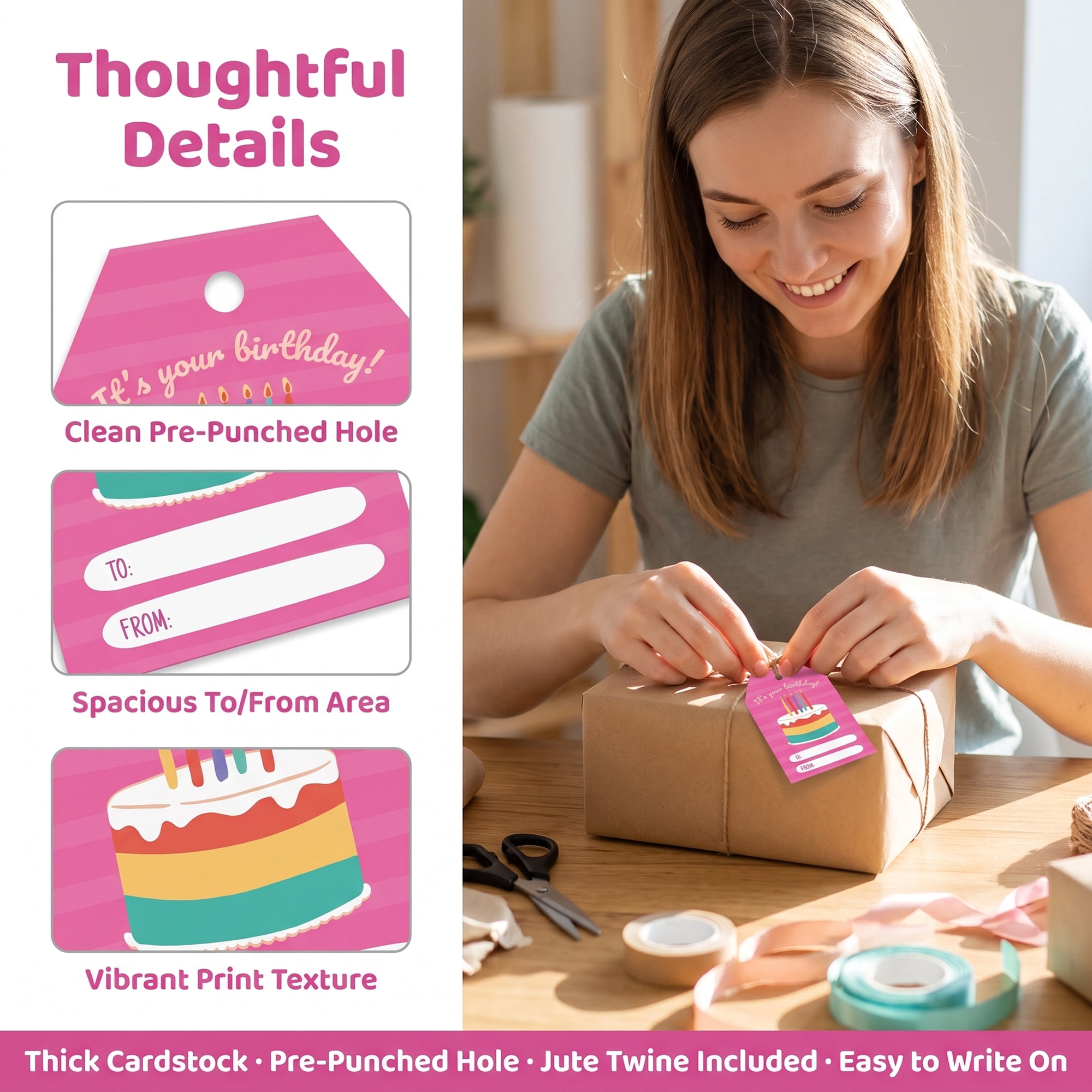 Unique Bargains 100Pcs Elegant Birthday Gift Tags with Twine Rainbow Cake 2" x 3.1"