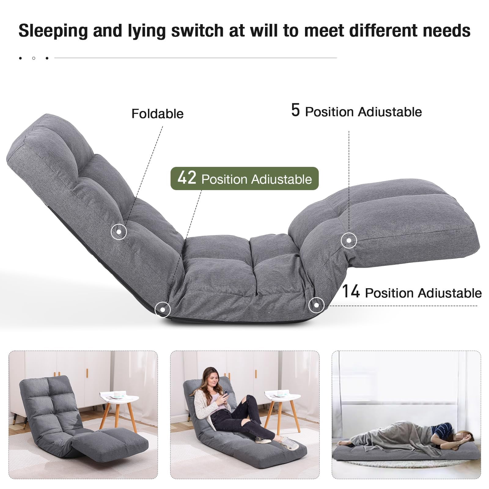 Floor Chair with Footrest Adjustable Backrest with 14 Positions Footrest 5-Position Adjustment Foldable Floor Gaming Chair for Easy Storage Linen Fabirc Chaise Lounge