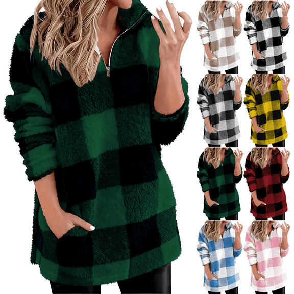 Quarter Zip Pullover Women Oversized Stand Collar Fleece Sweatshirt Plaid Long Sleeve Tops with Pocket Winter Warm Womens Sweatshirt