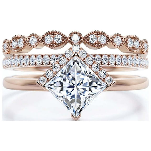 Boho & hippie 2.50 Carat Princess Cut Diamond Moissanite Dainty Engagement Ring, Classic Wedding Ring, Two Matching Band in 925 Sterling Silver With 18k Rose Gold Plating, Gift For Her, Promise Ring
