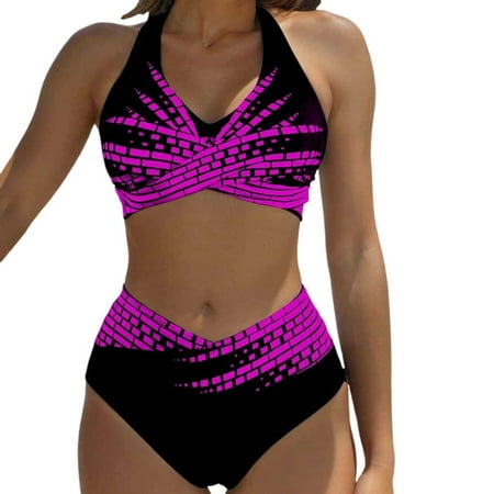 Womens Swimsuits Print Triangle Conservative Leisure High Waist Bikini Purple Women Bathing Suits L