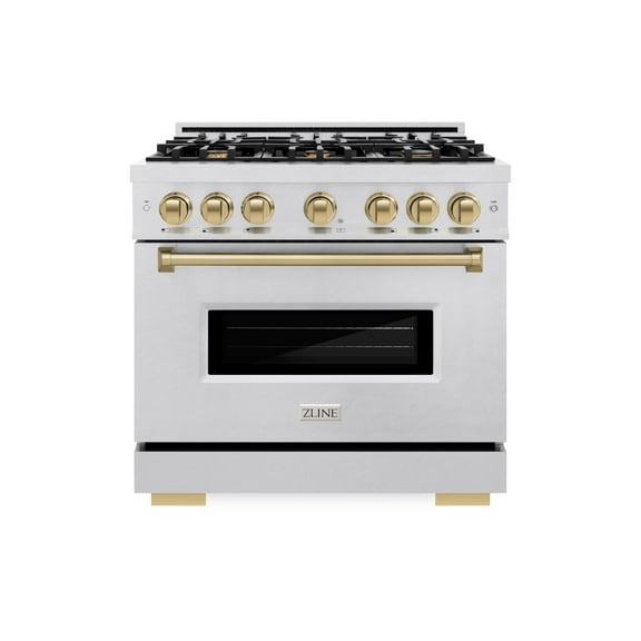 ZLINE Autograph Edition 36 in. 5.2 cu. ft. Classic Gas Range with 6 Burner Cooktop and Convection Gas Oven in DuraSnow Stainless Steel and Champagne Bronze Accents (CGRSZ-36-CB)