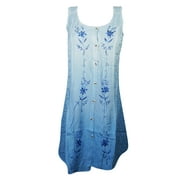 Mogul Womens Tank Dress Blue Floral Embroidered Button Front Shift Dresses