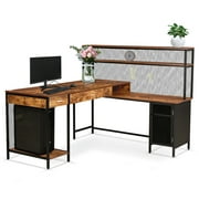 LIFEFAIR L-Shaped Desk with Drawer Home Office Desk W/Storage Shelves, Corner Desk Double Computer Table Industrial Style Space-Saving - Light Brown