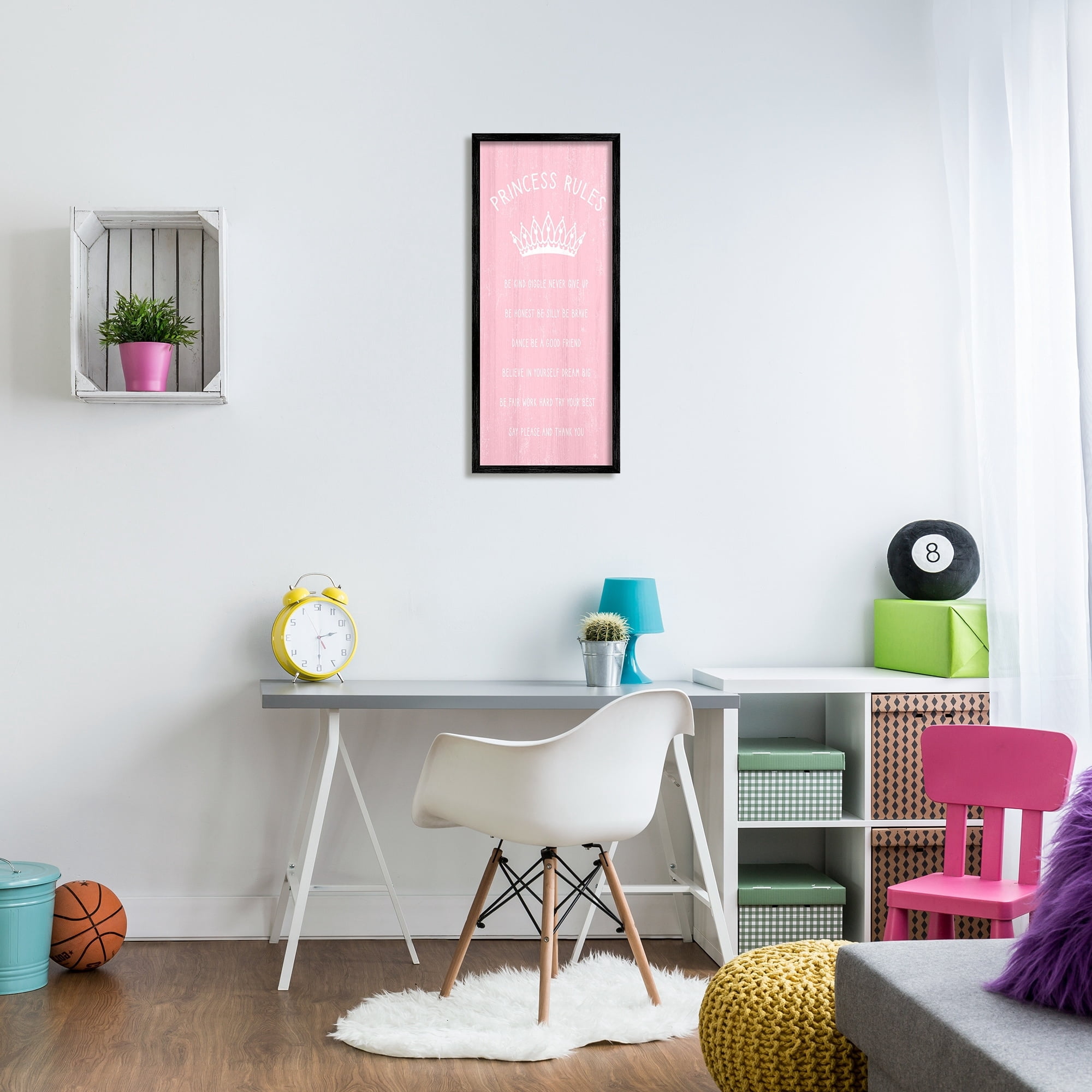 Stupell Industries Pink Princess Rules Sign Kids Motivational Phrases Listed Kids Painting Black Framed Art Print Wall Art, 13 x 30, Design by Daphne Polselli