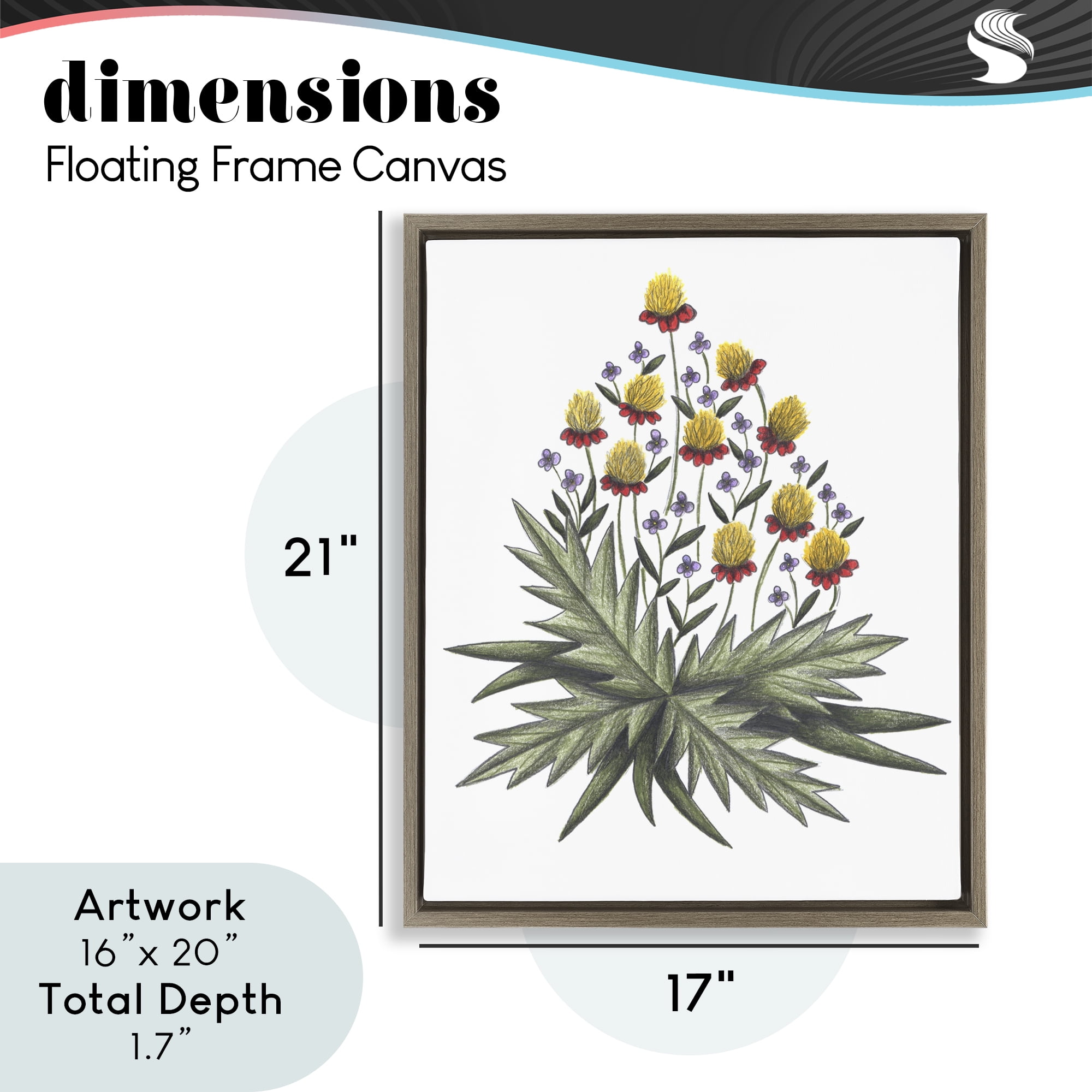 Yellow Leafy Wild Flowers Brown Framed Floater Canvas Wall Art, design by Cecilia Battaini