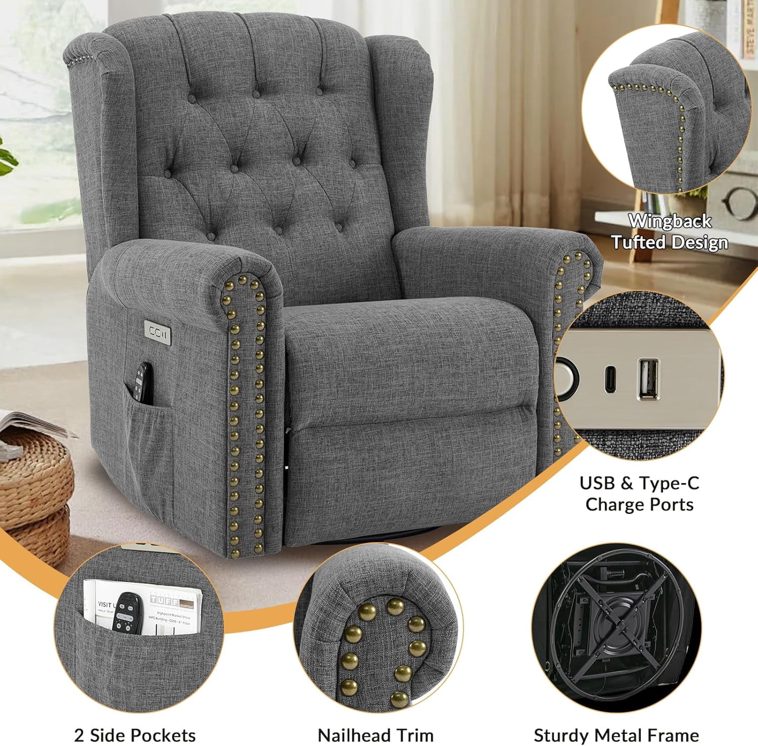 Power Swivel Rocking Glider Recliner Chair, Electric Nursery Reclining Sofa Chair with Heat and Massage, Wingback Tufted Upholstered Recliner for Living Room, USB and Type-C Ports, Grey