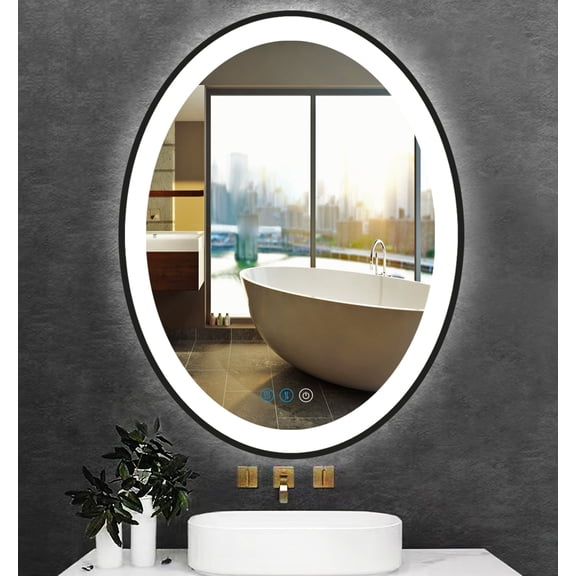 30" x 20" Oval LED Black Vanity Mirror for Bathroom Wall Black Oval Lighted Vanity Smart Mirror Anti Fog LED Bedroom Mirror with Lights 3 Color Illuminated Dimmable Makeup Wall Mount