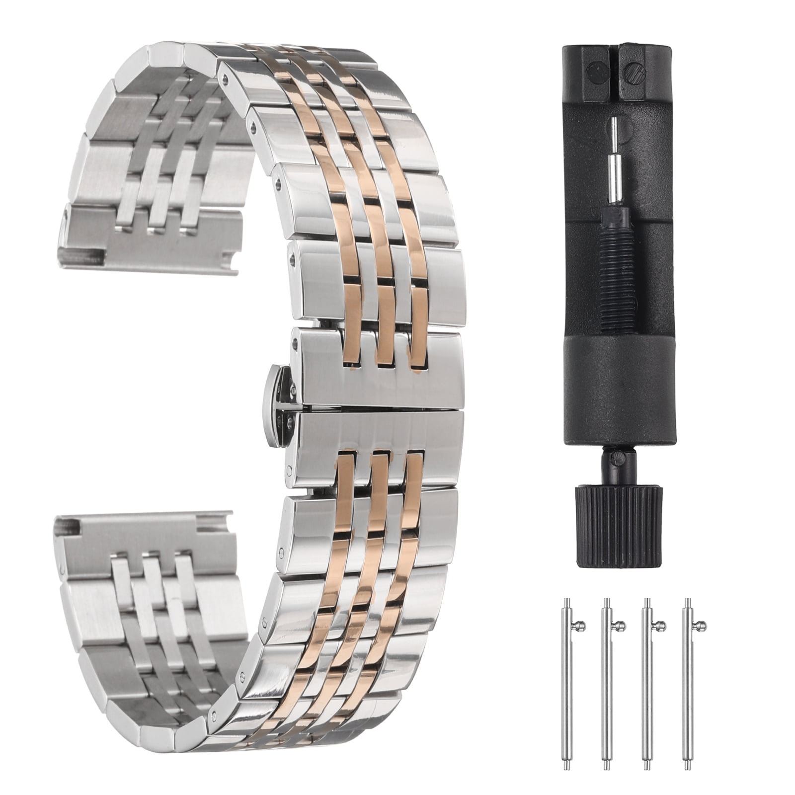 Uxcell Stainless Steel Watch Bands 22mm Double Pressing Butterfly Clasp Metal Solid Steel Chain Watch Strap, Silver Rose