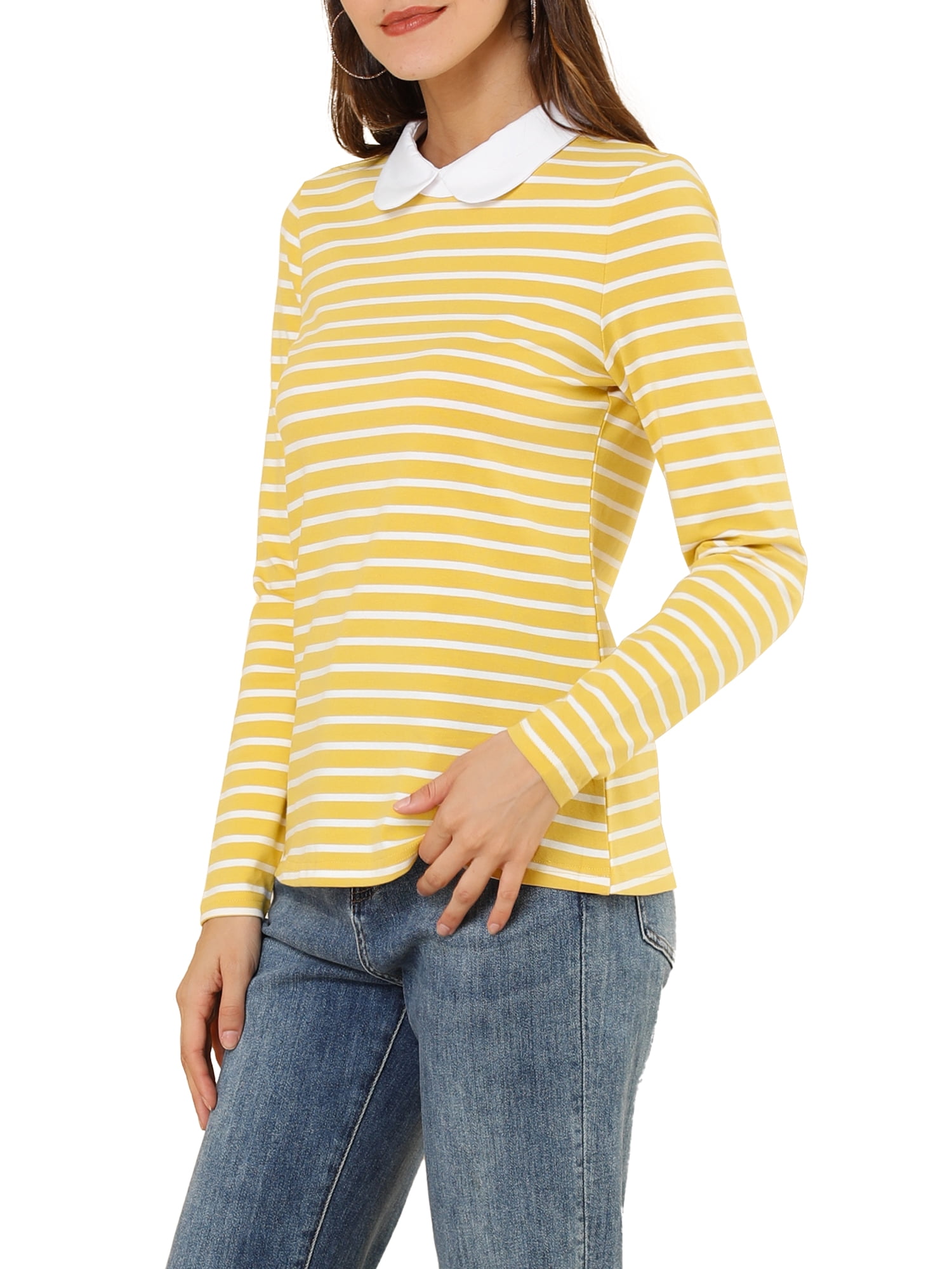 DARING DIVA Peter Pan Collar Striped Top M Yellow