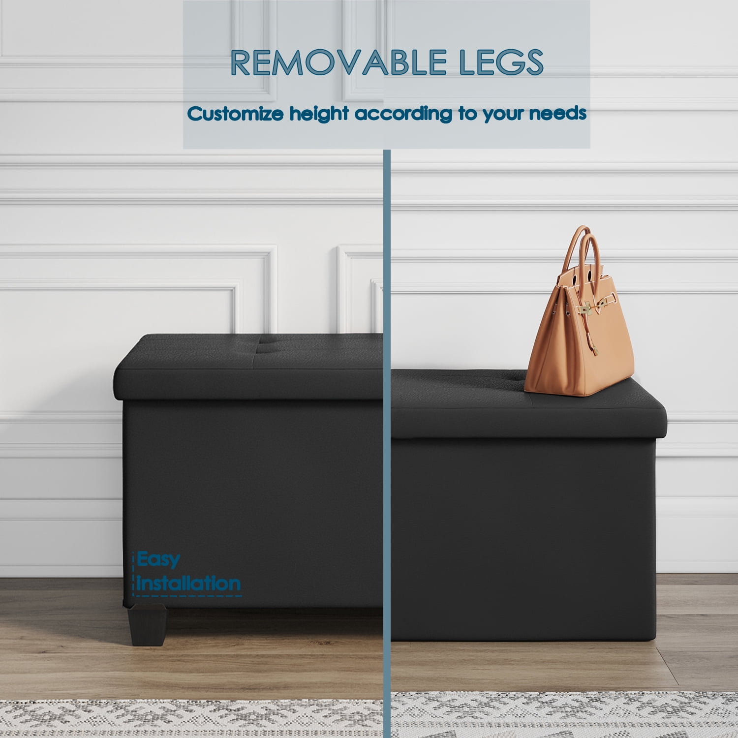 Nestl Faux Leather Ottoman Storage Bench ,30" Bench, Black
