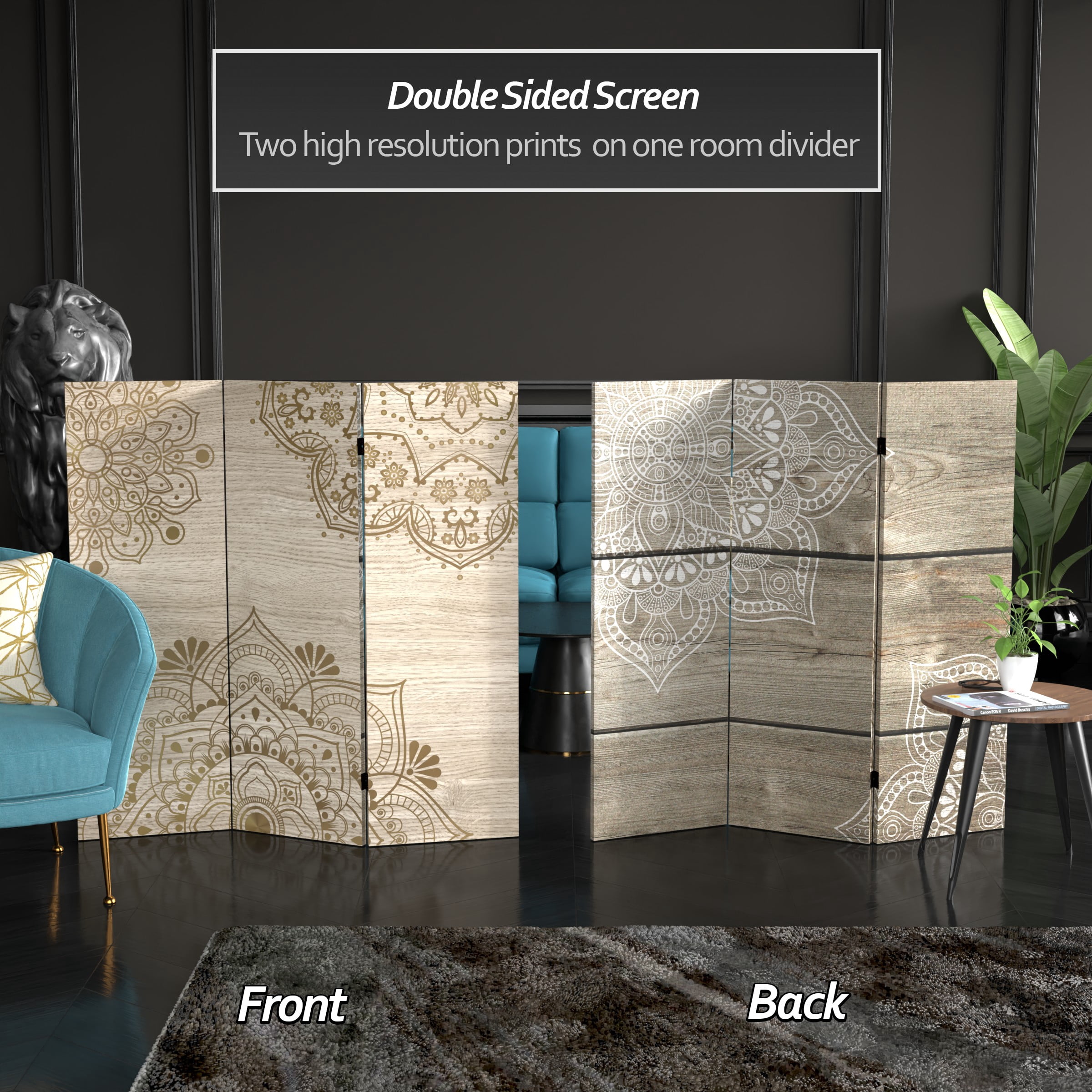 4 ft. Short Double Sided Mandala on Oak Canvas Folding Screen